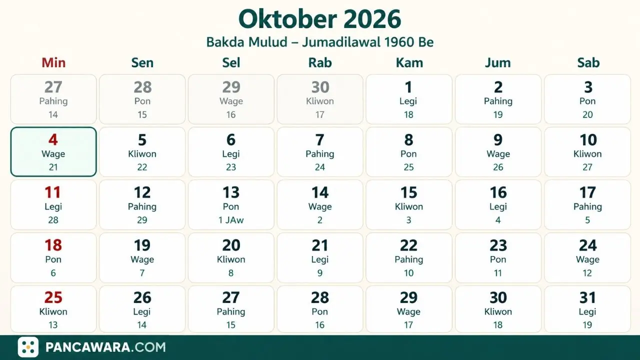 Kalender Jawa Oktober 2026 Lengkap dengan Weton dan Neptu Kalender Jawa Oktober 2026 Lengkap dengan Weton dan Neptu